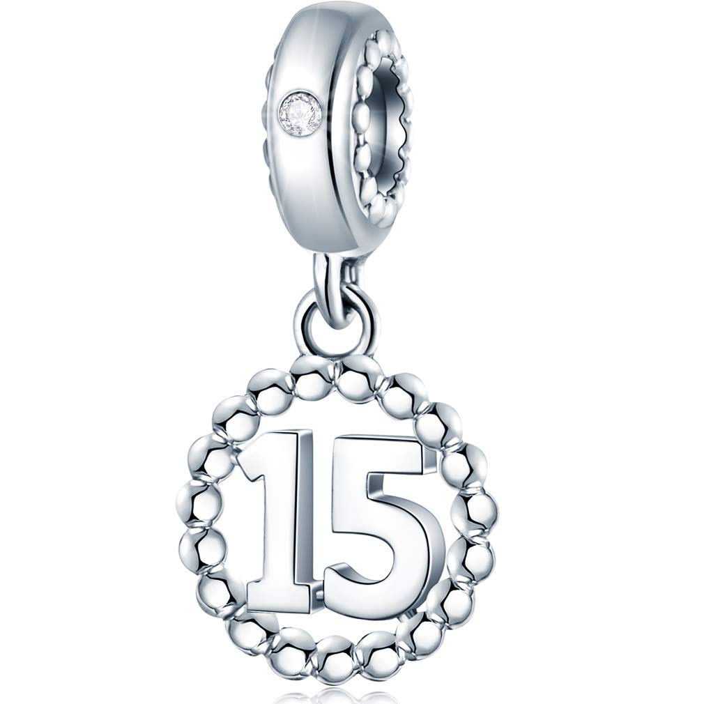 15 Number Bracelet Charms 925 Sterling Silver Pendant Beads Fit Pandora Charm Bracelets Necklace and European Snake Chain Dangle for Happy Birthday 15th Anniversary 15 Years