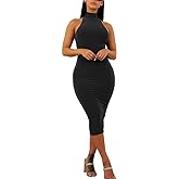 GOBLES Women's Sexy Halter High Neck Elegant Sleeveless Bodycon Midi Club Dress