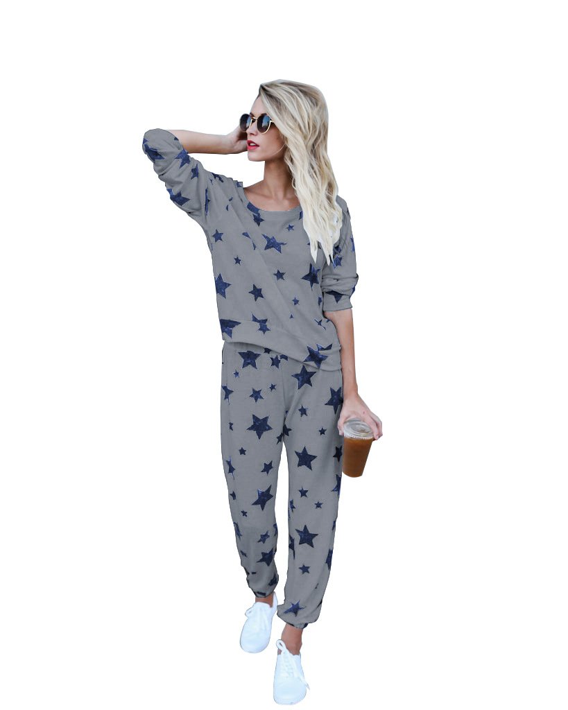 Mycherish Women Round Neck Cotton Flannel Pajamas Two Pieces Set with Star Pattern X-Large Grey