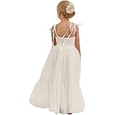 Kismissal Boho Flower Girl Dress Tulle Backless Layered Ruffle Maxi Dress for Beach Wedding Photoshoot Formal Party Dresses