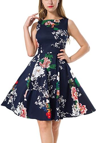 NINEWE Women's Classy Audrey Hepburn 1950s Vintage Rockabilly Swing Dress (XL, Navy Flower)