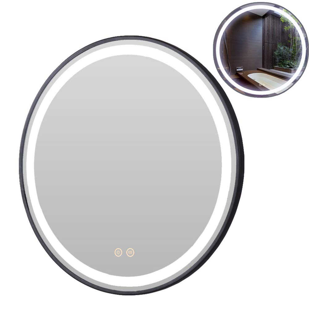 Petus House LED Bathroom Vanity Mirrors, Diameter 24in Smart Bathroom Wall Mount Lighted Mirrors, Black Frame, Dimmable Touch Button Waterproof 6500Kelvin CRI>90 5MM Copper Free Mirrors