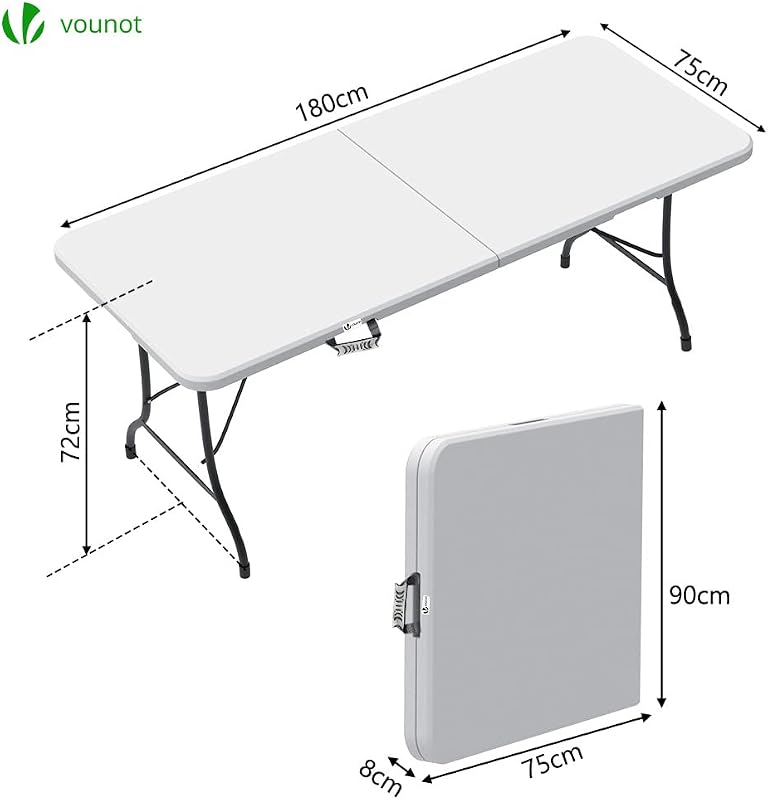 ® Tavolo da Buffet Pieghevole, Tavolo da Birreria, Mobili da Giardino con Manico di Trasporto, per Campeggio Picnic Esterno, Bianco, 180x75x72cm
