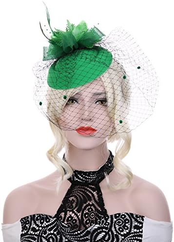 JYbetsy Fascinator Hair Clip Pillbox Hat Bowler Feather Flower Veil Wedding Party Hat (green)