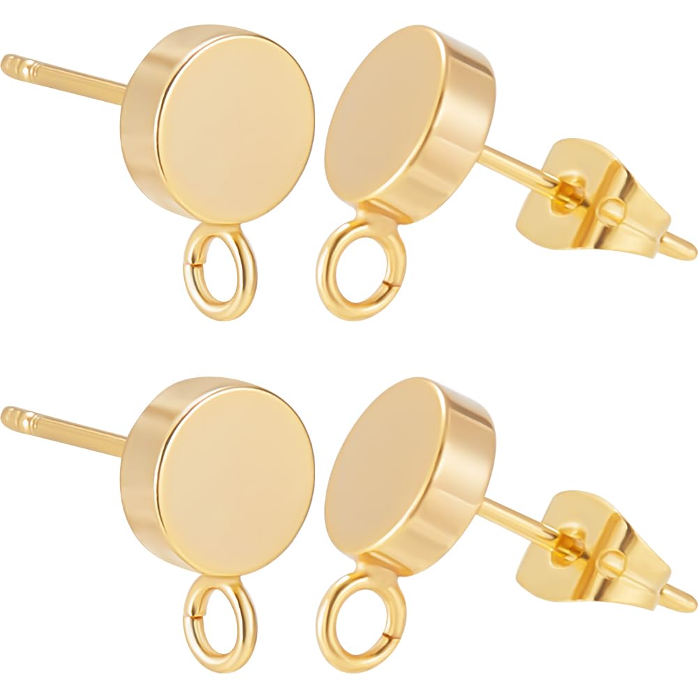 Beebeecraft 1 Box 20Pcs 7mm Real 18K Gold Plated Flat Round Earring Posts Brass Earring Studs Small Dot Disc Post with Loop and Butterfly Earring Backs Stud Earring Findings for Jewelry Making DIY