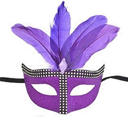Purple Mardi Gras Party Mask Faux Rhinstone and Gem Embellishments With Matching Feathers For Fat Tuesday Masquerade