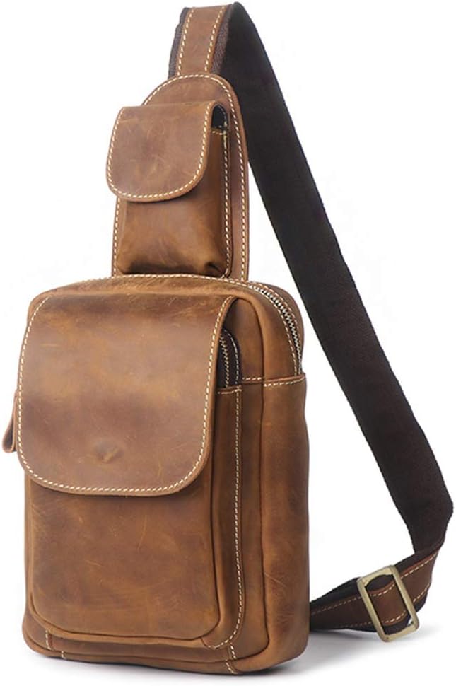 vintage Men's real Leather chest bag Business Casual Outdoor Sling Bag (Style 23 - Brown)