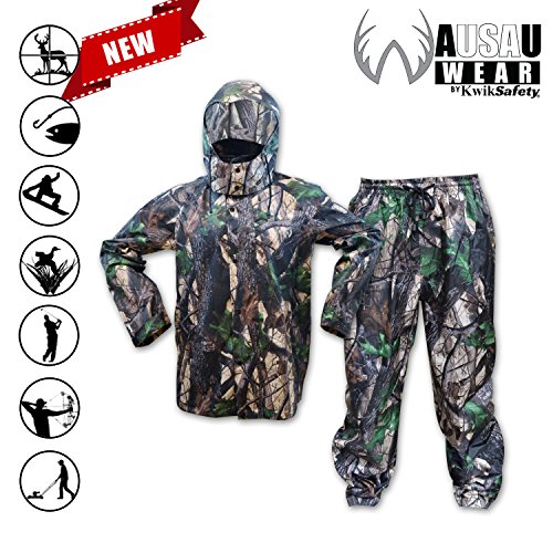 KwikSafety Camo Rain Suit Set | All Year Outdoor Recreational Wear | Waterproof Windproof Quick Dry Long Sleeve Hood Zip Up and Bottoms | Hunting Fishing Shooting Camouflage Gear | X-Large