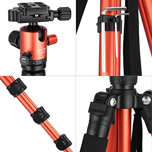 MACTREM Tripod DSLR SLR Tripod, 62.5" Light-Weight Aluminum Alloy Camera Tripod Phone Tripod with Phone Holder, 360 Degree Ball Head, Detachable Monopod, 33lbs Load with Carry Bag, Orange