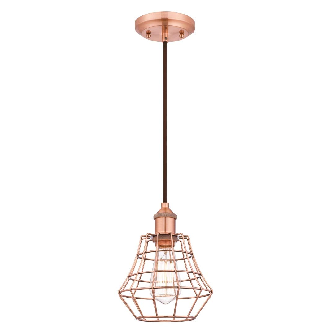 61052 Nathan One-Light Indoor Pendant, Brushed Copper Finish with Angled Bell Cage Shade