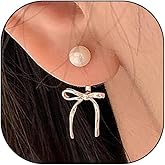 Dainty Bowknot Pearl Jacket Statement Earrings,Aesthetic Plated Gold Small Pearl Bow Ribbon Dangle Earrings,Trendy Bowknot Ear Accessories for Wedding