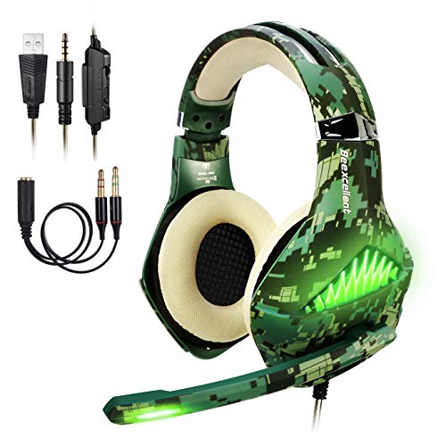 ShinePick 3.5mm PS4 Gaming Headset Wired Bass Stereo Noise Isolation Gaming Headphone with Mic and LED Lights for Xbox one, Playstation 4, Laptop, PC(Camo)