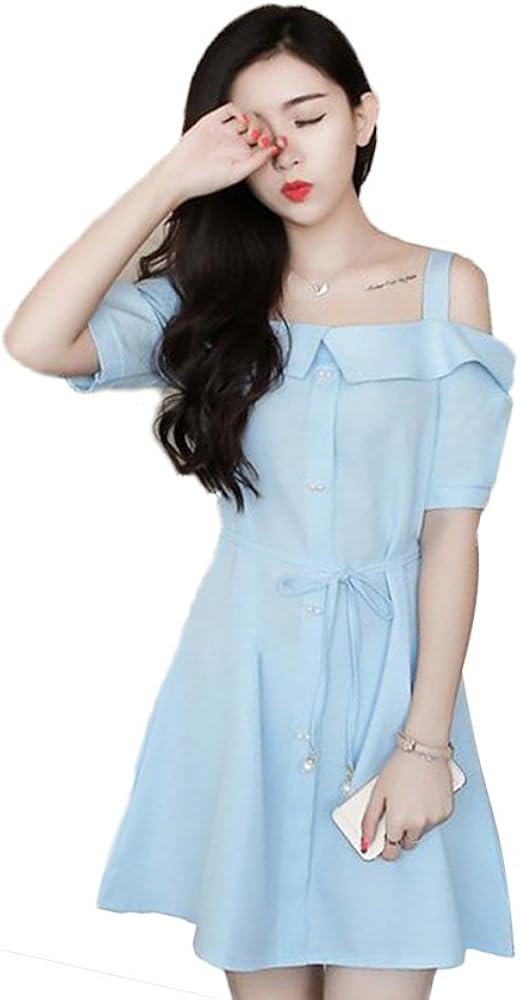 Amazon Co Jp Uruoi ワンピース夏 半袖 肩出し オフショルダー チュニック ストライプ 3カラ 肩開き ワンピース 半袖 レディース チュニック トップス ブルー 服 ファッション小物