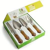 Wood Garden Hand Tools, 4-Piece Set, Stainless Steel - Heavy-Duty Gardening Tool Kit for Women with Trowel, Transplanter, Hand Fork, All-Purpose Weeder - Beautiful Planting Gift Sets