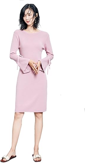 Amazon Ruihang文芸 シンプル 流行 ラッパの袖 レースアップ 春服の ニットのワンピース レディースファッション M ピンク ワンピース チュニック 通販