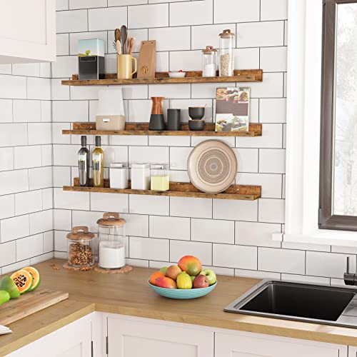 HOOBRO Floating Shelves for Wall, Wooden Floating Shelves Set of 3, Wall Mounted Shelves for Living Room, Wall Shelf with Raised Edge, Invisible Bracket, for Bathroom, Bedroom, Rustic Brown EBF90BJ01