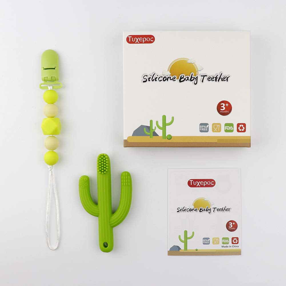 Baby Teether Toys,Cactus Teething Toy Toothbrushc and Silicone Pacifier Clips,Self-Soothing Pain Relief Teether Training Toothbrush for Babies, Toddlers, Infants, Boy and Girl,BPA Free (Green)