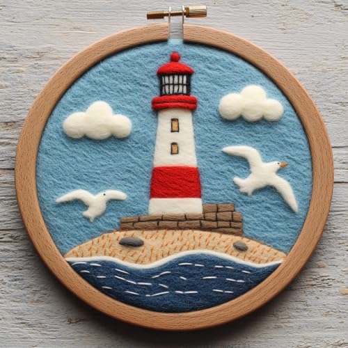 DIY Needle Felting Kits for Beginners Seaside Landscape Lighthouse Sailboat with Frame Needle Felt Starter Set Handmade Wool Painting Art for Adults Decompress Home Decor 20x20cm-8