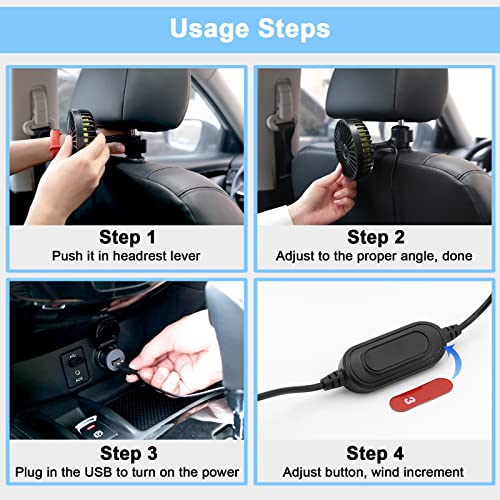 Qidoe USB Car Fan for Rear Seat and Kids with 3 Speeds and 360° Rotation Compatible with Cars, SUV, Truck, Caravan, Boat, Motorhome