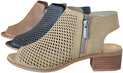 Chimikeey Womens Sandals Perforated Open Toe Chunky Block Heel Summer Ankle Booties Shoes Side Zipper