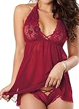 JuicyRose Women's Sexy Lingerie Lace Sleepwear Halter Babydoll V-String Miniskirt (Large, Merlot)