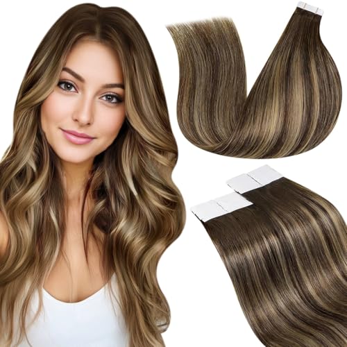 Laavoo Remy Extensions Echthaar Tape Braun Ombre Echthaar Tape Extensions Dunkelbraun Balayage Karamellblond 45Cm Invisible Tape Extensions Echthaar Skin Weft 50G 20Pcs #4/27/4