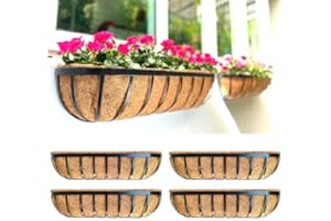 Maxona Fence Planters for Outdoor Plants - 4 Pack, 24 inch Large Window Flower Box, Metal Rail Basket with Coco Liner, Wall M