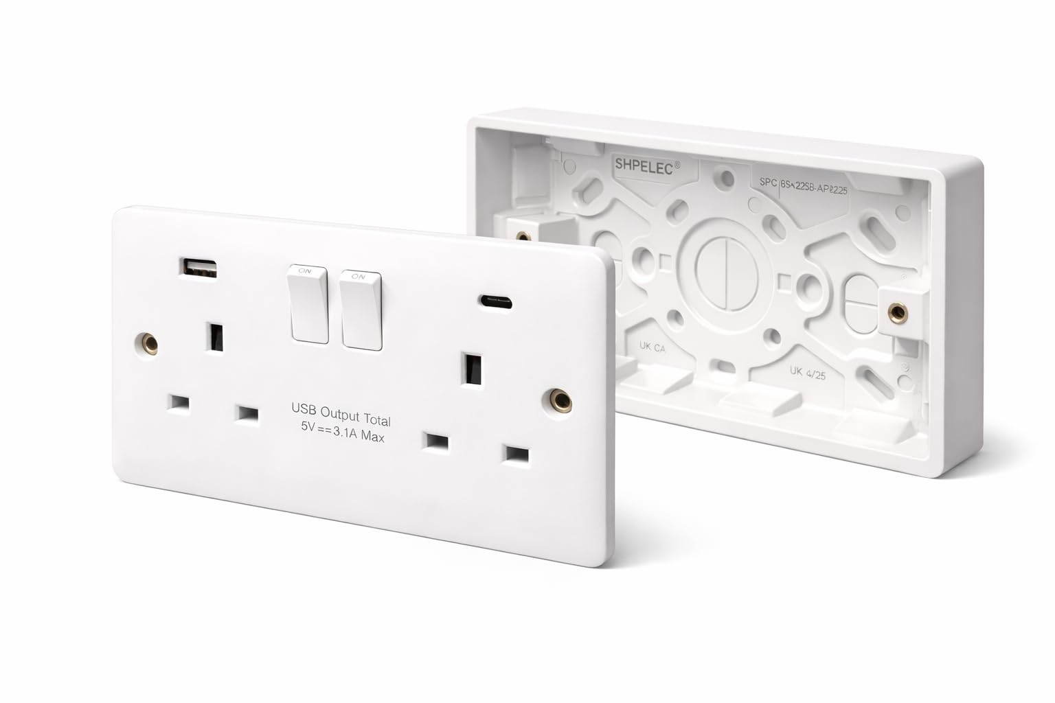SHPELEC ® Premium Curved Edge White Electrical Sockets Range - Convenient and Versatile Power Solution (2G Socket with USB Ports (Type-C) + Back Box, 1 Pack)