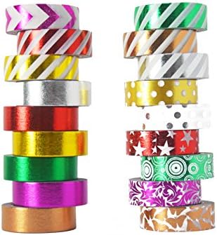 Washi Tape set 18 rolls by Tanpopo Art -Foil Collection | Shiny Foiled Patterned Tapes in 6 Colors