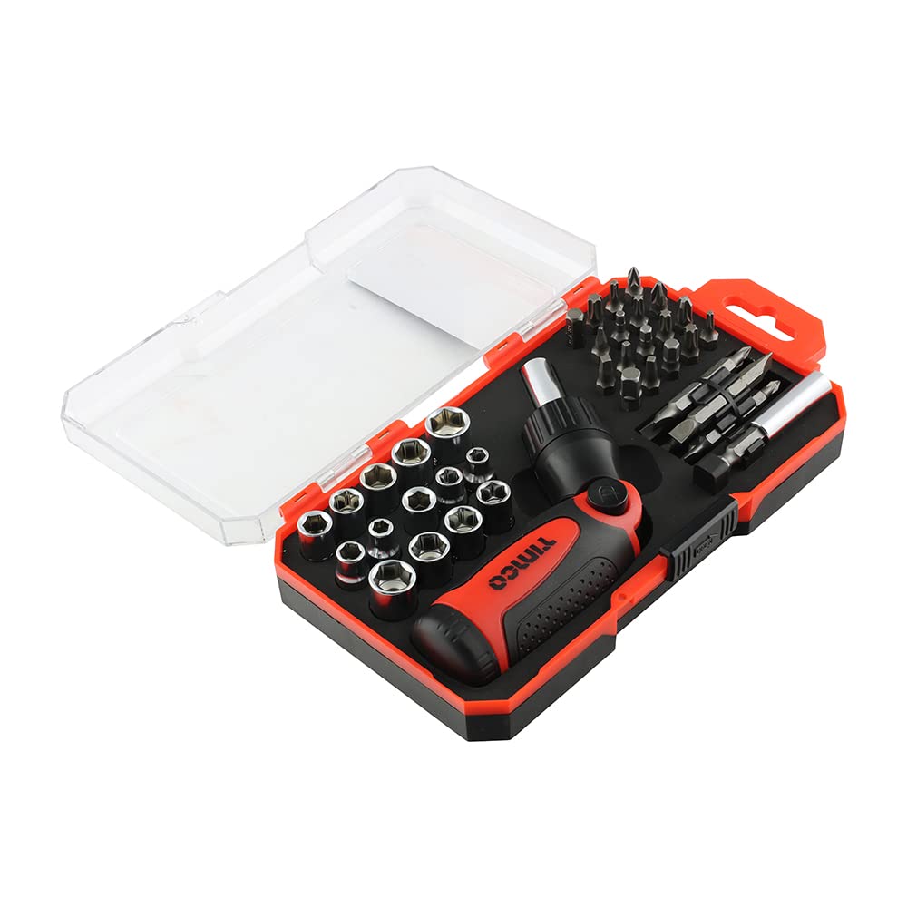 TIMCO Ratcheting Screwdriver Bit Set - 46 Screwdrivers - 29 Chrome Vanadium Bits & 14 Zinc Plated Sockets - Silver Torx, Phillips, Pozidrive Screwdriver Set