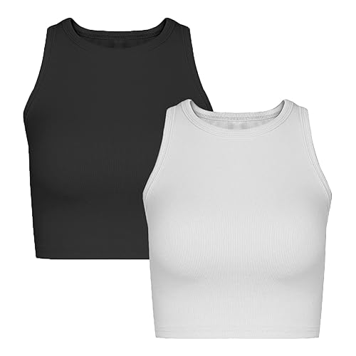 Nicytore 2 Pieces Basic Seamless Sports Tank Tops Sleeveless Racerback Yoga Workout Crop Tops for Women Black/White