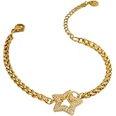 CZ Star Chunky Chain Bracelet for Women Stainless Steel 18K Gold Plated Sparkling Crystal Adjustable Thick Link Bracelets Delicate Jewelry for Her