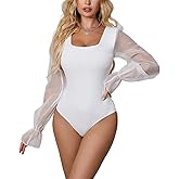 Baczoe Women's Sheer Puffy Long Sleeve Square Neck Bodysuit with Snap-Button Closures
