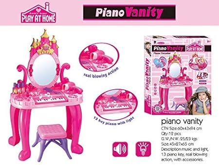 Myric Kids Battery Operated Beauty Makeup Role Playset with Piano, Real Blower and Mirror Durable Dressing Vanity Table up with Music and Lights(Multicolour)