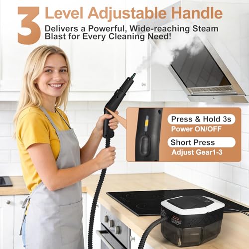 Steam Cleaner,Handheld Steam Cleaner 1500W Low Pressure, 15s Fast Heating, 1.8L Water Tank, with 12 Accessories for Home, Kitchen & Car Cleaning,White（Hold 3s to start）