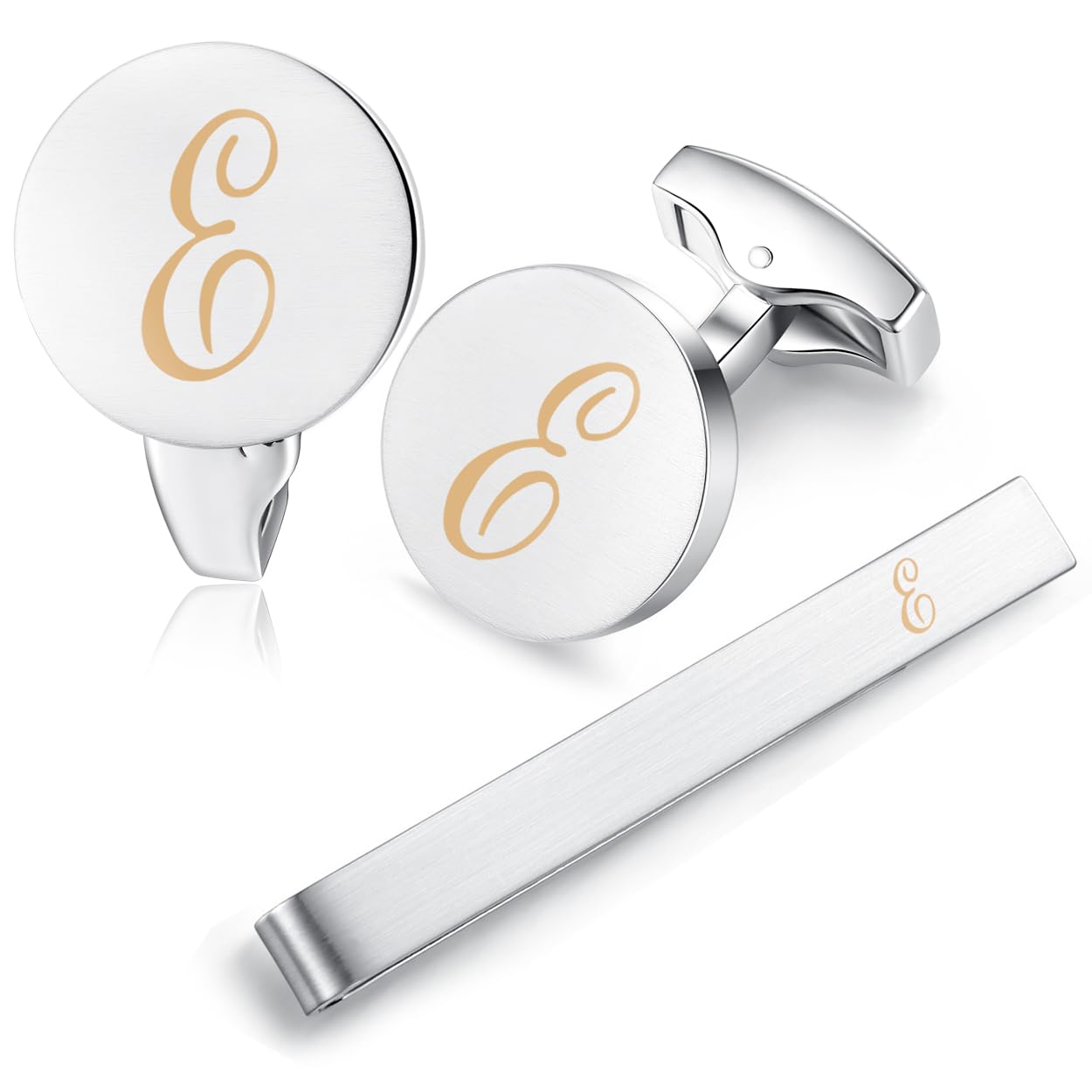 HONEY BEAR Initial Alphabet Letter Cufflinks Tie Clip Set for Mens - Brushed Silver Round for Business Wedding Gift A - Z