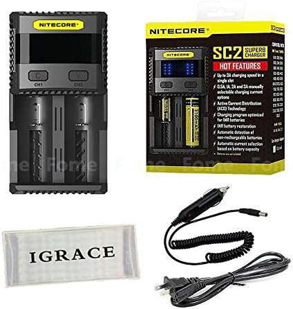 Smart Battery Charger, iGrace NITECORE SC2 Intelligent Charger 3A Speedy Charger with LED Indicator Over Charger Protection Compatible with Li-ion IMR LiFePO4 Ni-MH(NiCd) support USB charge output