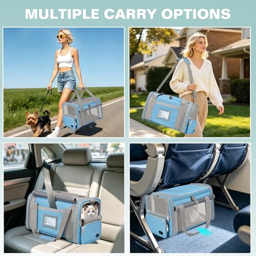 BTNEEU Foldable Cat Carrier Carrier Small Dog Carriers Airline Approved Breathable Carrier Bag with Inner Strap, Washable Soft Cushion and Adjustable Shoulder Strap (Sky Blue)