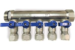VN Infinite Quality 3/4" Plumbing PEX Manifolds w/ 1/2" Pex Ball Valves - Radiant Heat Manifold - PEX Tubing Floor Heating Manifolds - Blue Handles (5 Loop Blue)