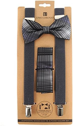 Men's Charcoal Gray with Lavender Purple Sheen Plaid 3 PC Clip-on Suspenders, Bow Tie and Hankie Set