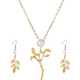 JEAIRTS Greek Goddess Leaf Jewelry Set Pearl Pendant Necklace and Dangle Earrings for Women,Gold Plated Vintage Jewelry