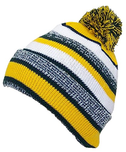 Best Winter Hats Quality Striped Variegated Cuffed Cap W/Large Pom (One Size) - Dark Green/Gold