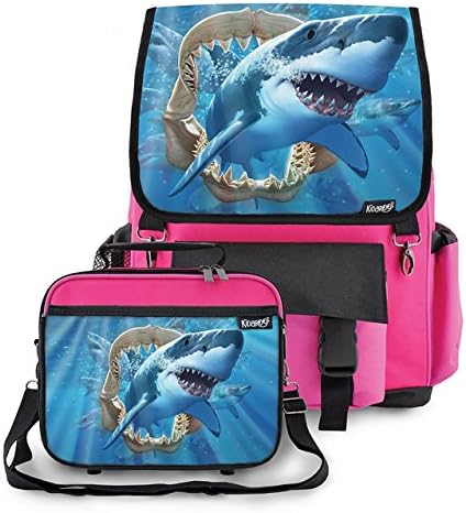 Great White Shark Jaws School Backpack &amp; Lunchbox for Girls, Boys, Kids (PINK)