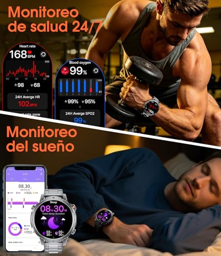 LIGE Reloj Inteligente Hombre 1400mAh Larga Duración, 1.7" Smartwatch Militar con Linterna LED, Llamadas Bluetooth, 120+ Deportes, 5ATM Impermeable, Frecuencia Cardíaca,Android iOS,2 Cargadores,EF26-C