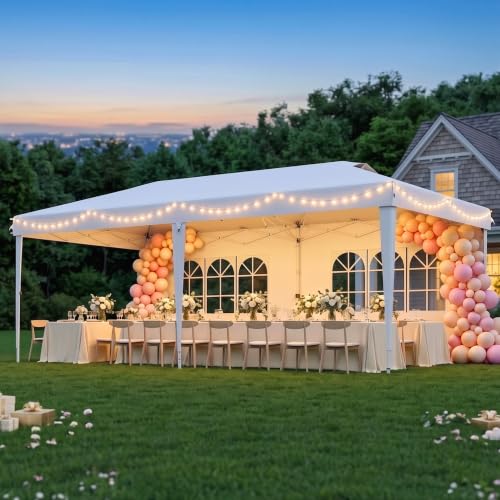 Real Relax 10x20ft Pop Up Portable Canopy Tent with 300D Silver-Coated Top, 6 Sidewalls, UV-Protective, Waterproof, Windproof, Easy Setup with 2 Central Locks for Camping, Wedding, White