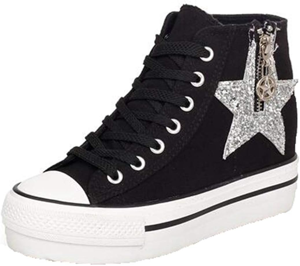 Women Canvas Shoes High Top Platform Sneakers Comfortable Lace up Flats Walking Casual Trainers