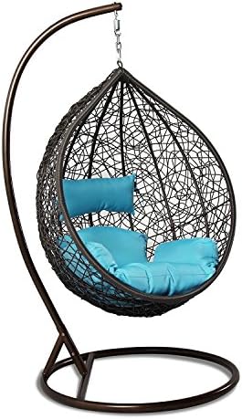 THeCORP Garden Decor Hand Woven Wickers Single Hanging Swing Chair With Cushion For Indoor And Outdoor (Brown Wicker, Turquoise Cushion)