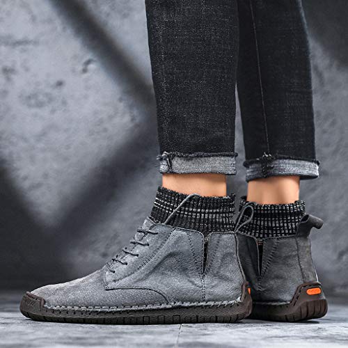 Respctful✿ Men Classic Slip On Driving Ankle Boots Knit Fur Lining Winter Lace-up Boots Handmade Casual Chukka Shoes Gray