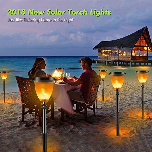 WdtPro Solar Lights, 2-in-1 Waterproof Flickering Flames Torches Lights Outdoor Solar Spotlights with Charging Indicator, Dusk to Dawn Auto On/Off Solar Torch Lights for Patio Deck Backyard(2 Pack)
