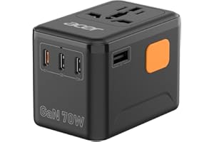 Acer 70W GaN Universal Travel Plug Adapter - International Power Adapter with 3 USB C & 1 USB A, Worldwide Power Outlet Travel Essentials for USA to European UK AUS Ireland, Type C/G/I/A, Black